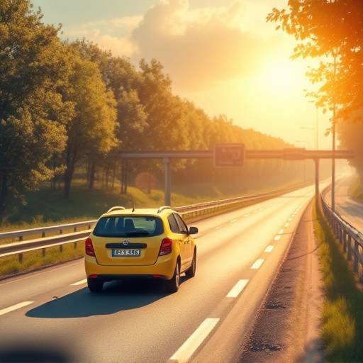 A EuroVignette enforcement vehicle using electronic tolling technology on a highway, illustrating the importance of compliance