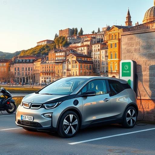 An electric vehicle charging at a charging station in a scenic European location, promoting sustainable travel options