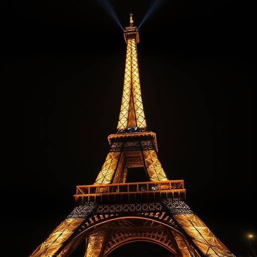 The Eiffel Tower in Paris, France, lit up at night